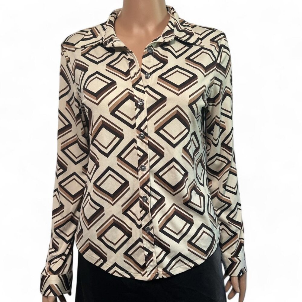 Loft women's brown and cream blouse with geometric print size L